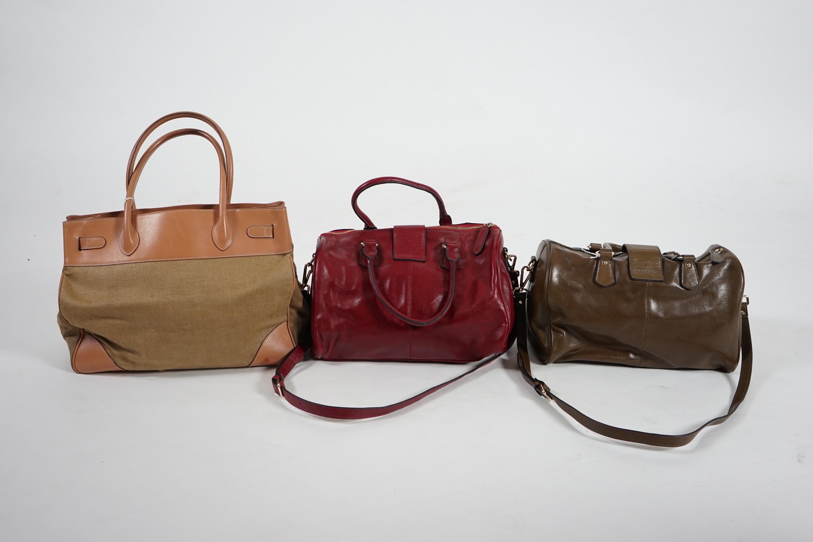 Two Maria Carla handbags and a Piertucci light tan canvas and leather bag. Proceeds to Happy Paws Puppy Rescue
